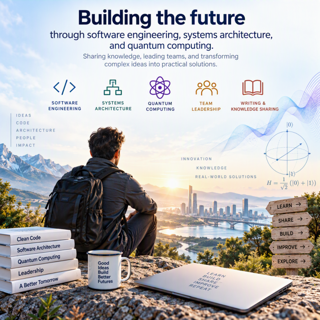 Illustration representing software engineering, systems architecture, quantum computing, and technical communication.