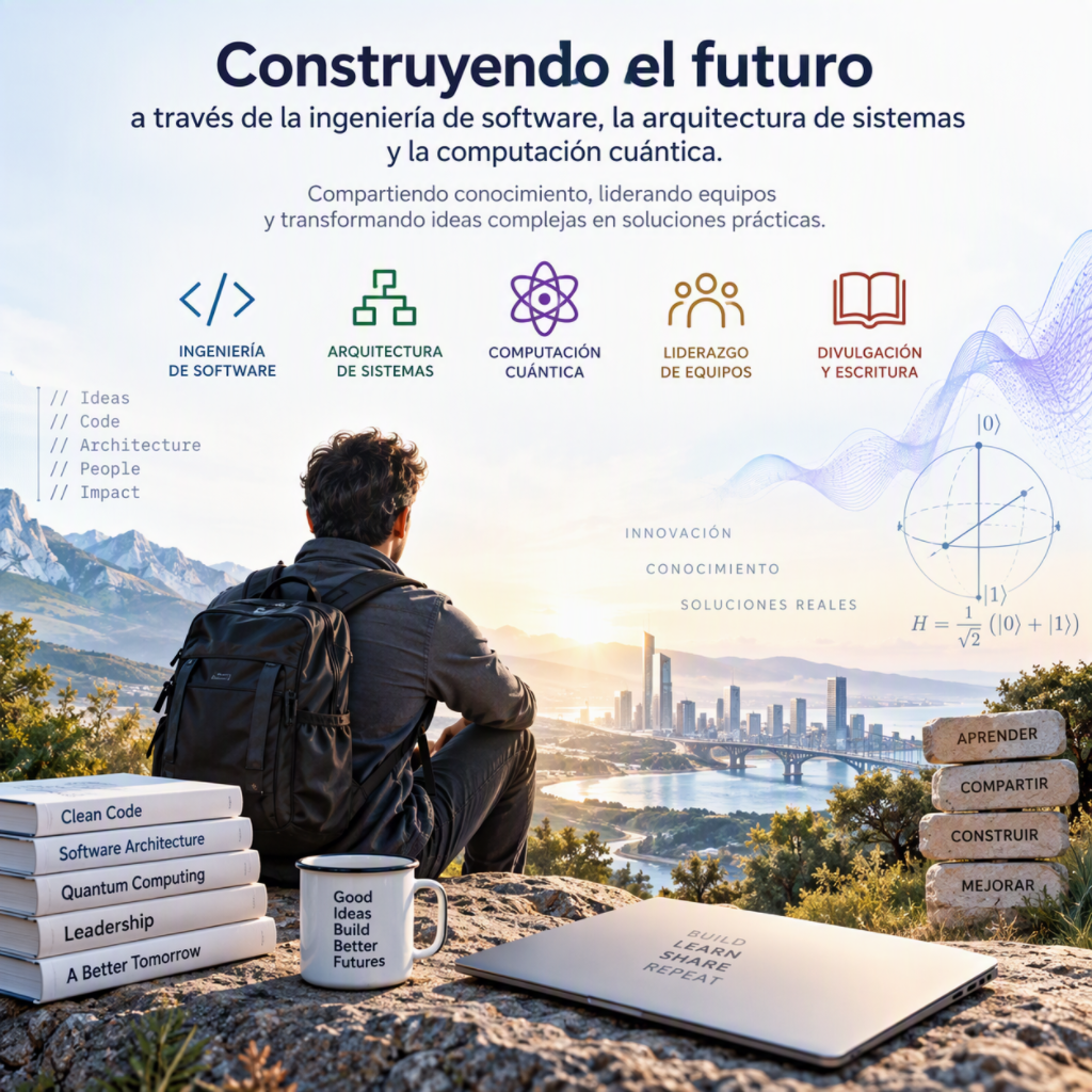 Ilustración sobre ingeniería de software, arquitectura de sistemas, computación cuántica y divulgación.
